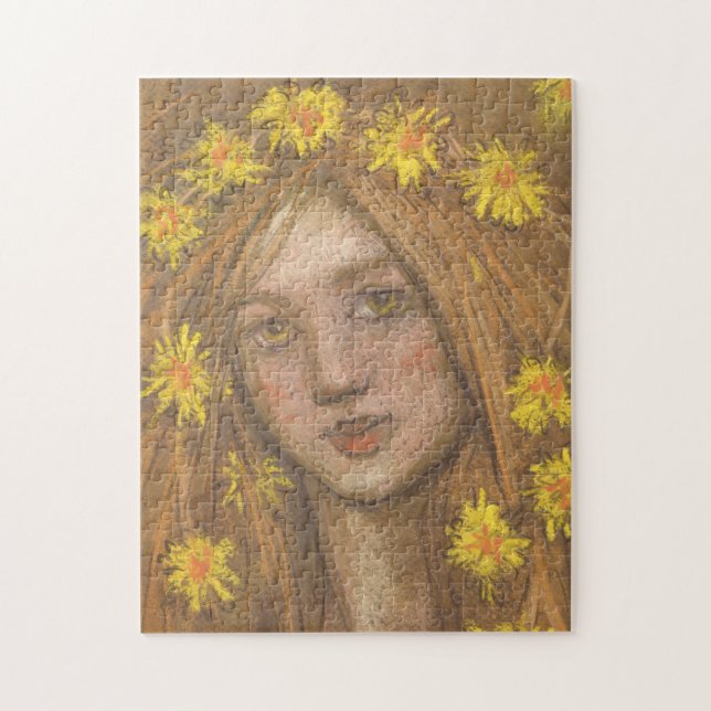 Dandelions Bloom, Blonde Girl and Flowers Painting Pussel (Vertikal)