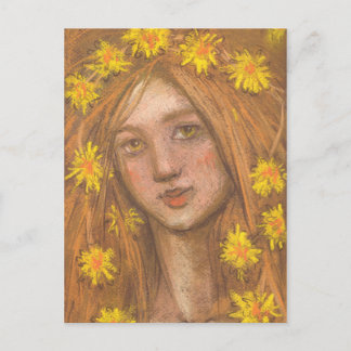 Dandelions Bloom, Blonde Girl and Flowers Painting Vykort