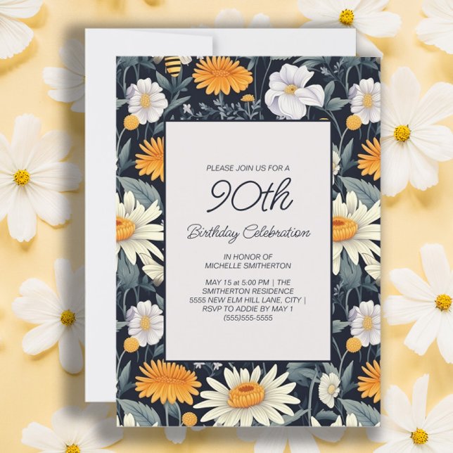 Dandelions Daisy 90:e födelsedag i marinblått Vuxe Inbjudningar (Dandelions and daisies women's 90th birthday party invitation)