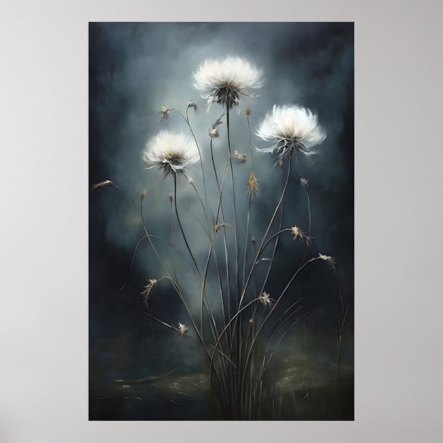 Dandelions In Dark Field, Wildflower Print Poster (Framsidan)