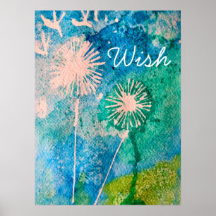 Dandelions vattenfärg önskar abstrakt blått och gr poster