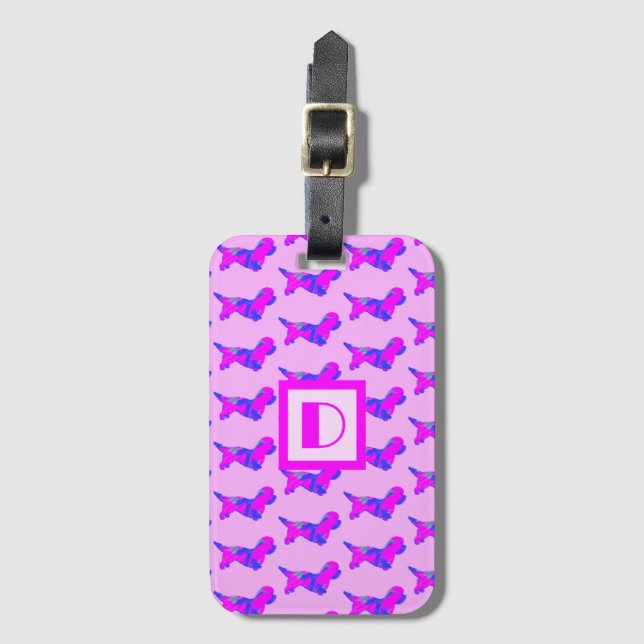 Dandie Dinmont Hund älskare Rosa & Blue Monogram Bagagebricka (Framsida vertikal)