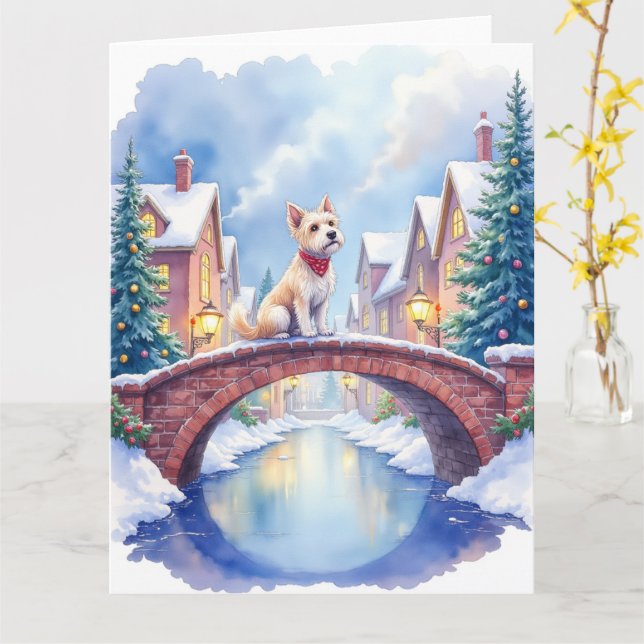 Dandie Dinmont Terrier Village Bridge Christmas Kort (Gul blomma)