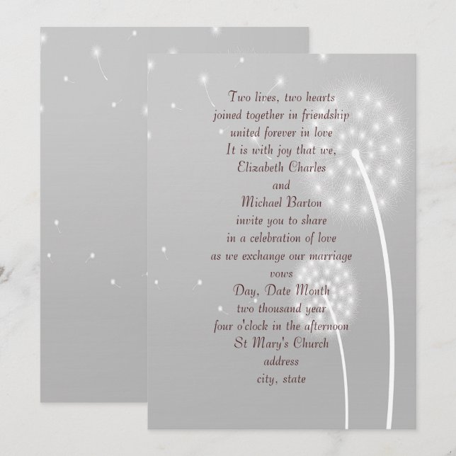 Dandilion Puffs, Grått, Snyggt, bröllopsinbjudan Inbjudningar (Fram/baksida)