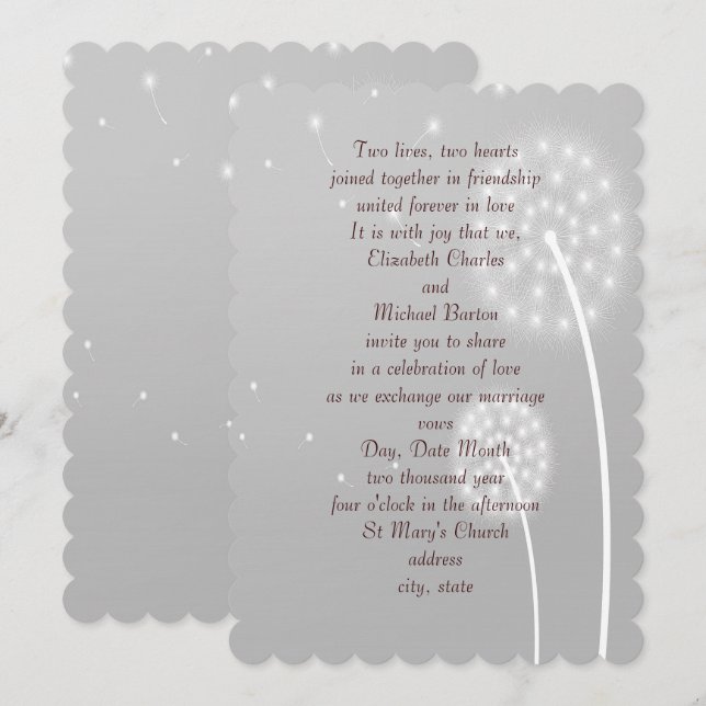 Dandilion Puffs, Grått, Snyggt, bröllopsinbjudan Inbjudningar (Fram/baksida)