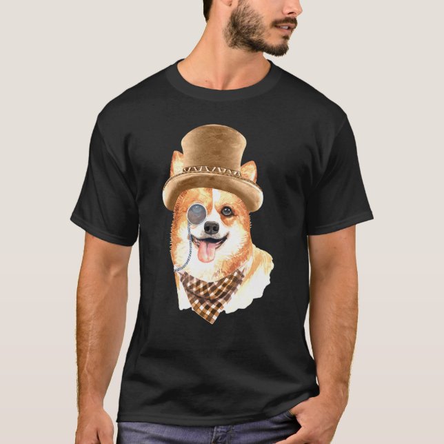 Dandy Corgi med hatt Scarf och monocle T Shirt (Framsida)