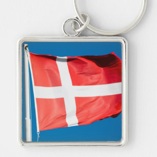 Danmark Flagga Fyrkantig Silverfärgad Nyckelring