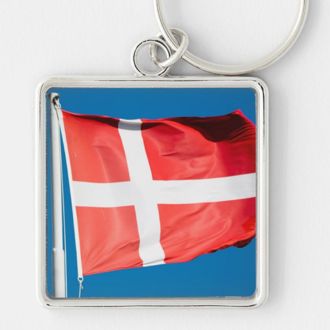 Danmark Flagga Fyrkantig Silverfärgad Nyckelring (Framsidan)