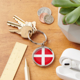 Danmark flagga rund silverfärgad nyckelring