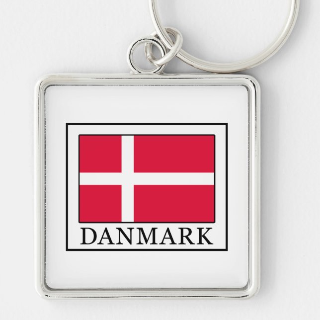 Danmark Fyrkantig Silverfärgad Nyckelring (Framsidan)