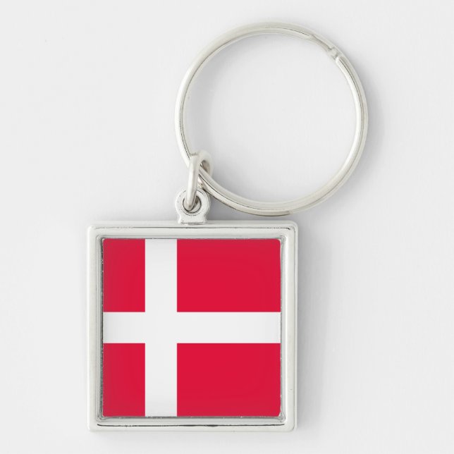 Danmark Fyrkantig Silverfärgad Nyckelring (Framsidan)