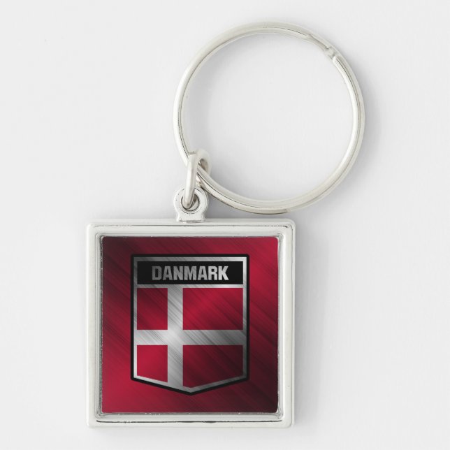Danmark Fyrkantig Silverfärgad Nyckelring (Framsidan)