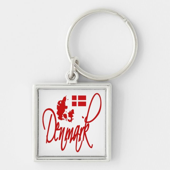 Danmark Fyrkantig Silverfärgad Nyckelring (Framsidan)