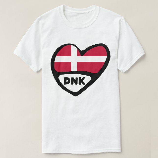 Danmark Land Code Flagga Heart Pin Badge, DNK T Shirt (Design framsida)