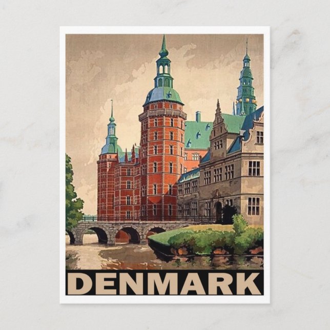 Danmark, medeltida slott på floden, vintage vykort (Framsida)