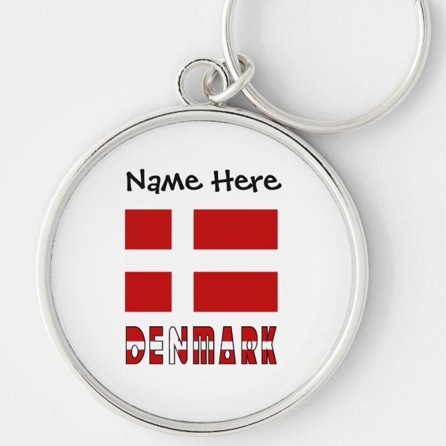 Danmark och dansk flagg med ditt namn rund silverfärgad nyckelring (Framsidan)