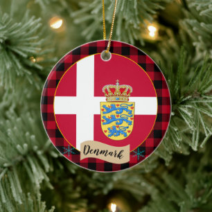 Danmark, Red buffalo plaid & Danish Flagga Julgransprydnad Keramik