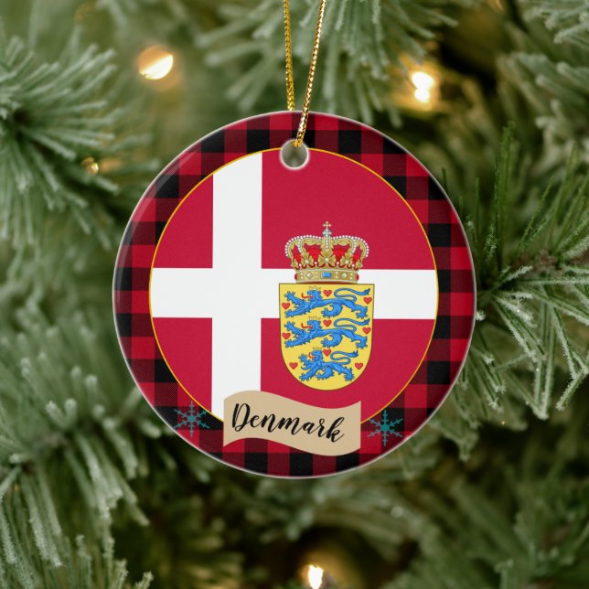 Danmark, Red buffalo plaid & Danish Flagga Julgransprydnad Keramik (Träd)