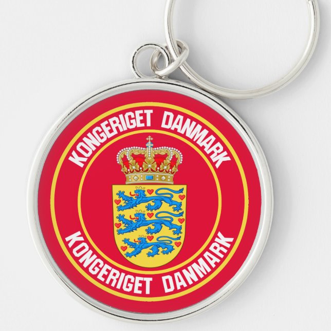 Danmark rundaEmblem Rund Silverfärgad Nyckelring (Framsidan)