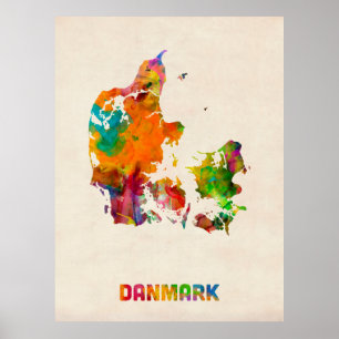 Danmark vattenfärgkarta poster