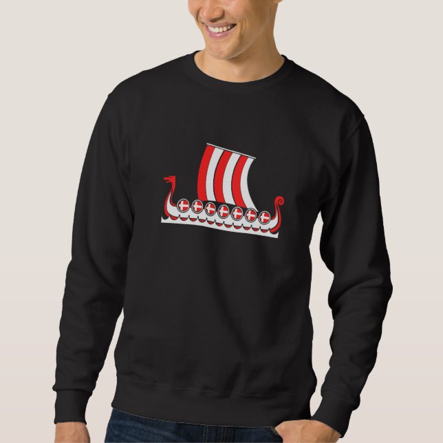 Danmark Viking Skepp  Danska Flagga Drakbåt Vikin Lång Ärmad Tröja (Framsida)