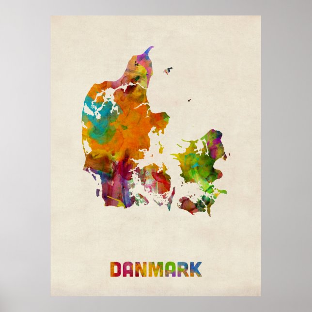 Danmark Watercolor Karta Poster (Framsidan)