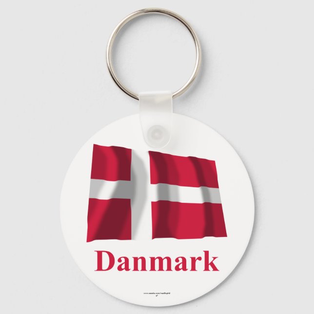 Danmark Wave Flagga with Namn på danska Nyckelring (Framsida)