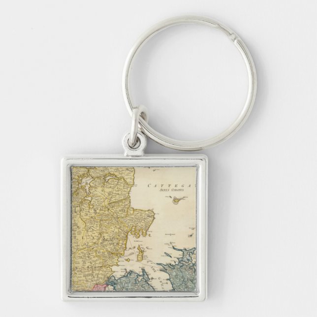 Danmarks Atlas Karta Fyrkantig Silverfärgad Nyckelring (Framsidan)
