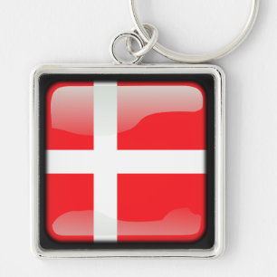 Danmarks flagga fyrkantig silverfärgad nyckelring