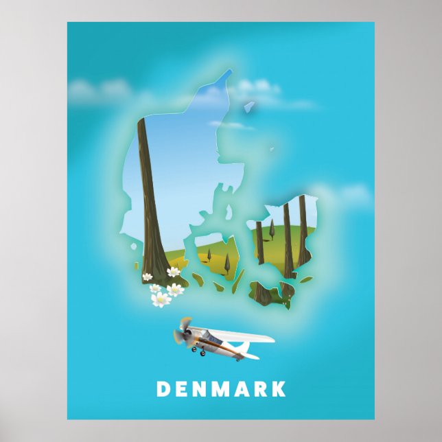 Danmarkskarta illustrerad reseaffisch. poster (Framsidan)