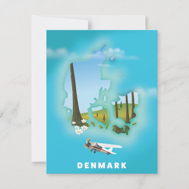 Danmarkskarta illustrerad reseposter. (Framsida)