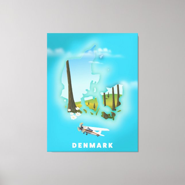 Danmarkskarta illustrerad reseposter. canvastryck (Framsida)