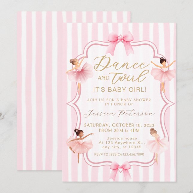 Dans & Snurr Rosa Balettdansös Babyfirande Inbjudningar (Fram/baksida)