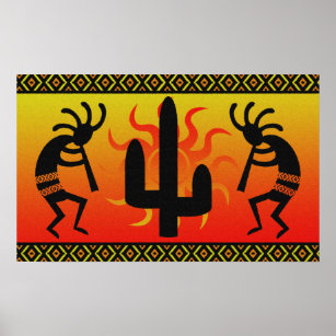Dansa Kokopelli in Sunset Tribal Wall Art Poster