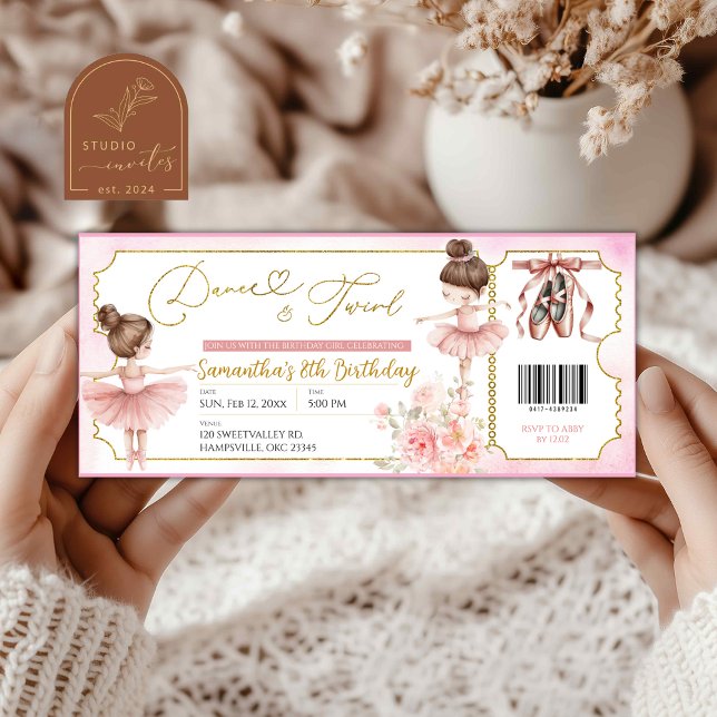Dansa och snurra ballerinaparty biljett inbjudan (Skapare uppladdad)