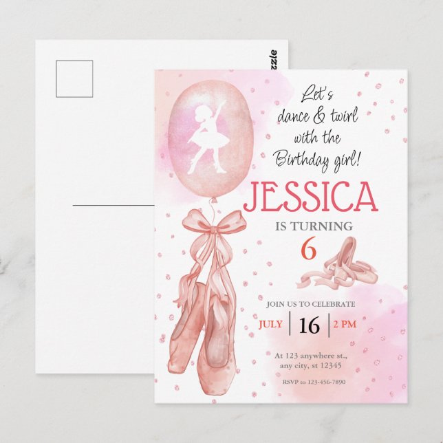 Dansa och snurra Rosa flicka Redigerbar balettfest Vykort (Fram/baksida)