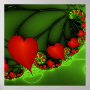 Dansa Red Hearts Modern Abstrakt Fractal Art Poster