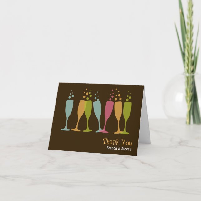 Dansande champagneglas färg bubblig tack kort (Framsida)