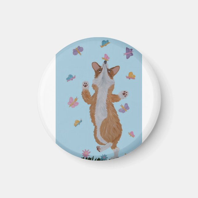 Dansande Corgi med Fjärilar Magnet (Framsidan)