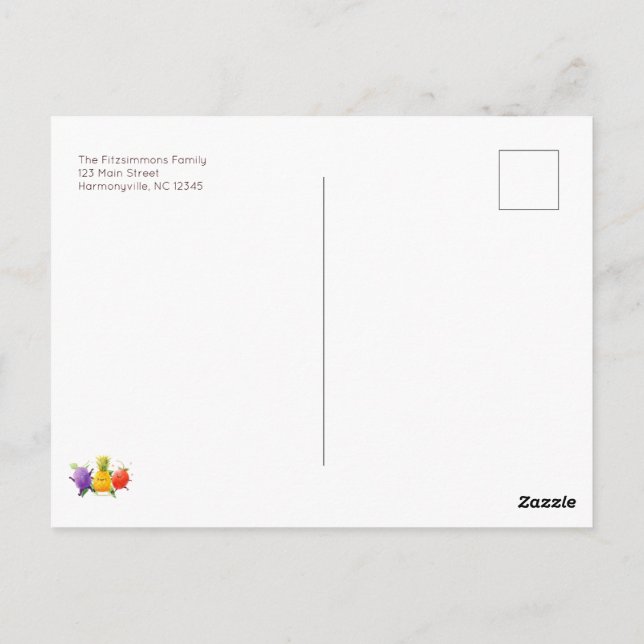 Dansande frukt födelsedagsinbjudan vykort (Baksida)