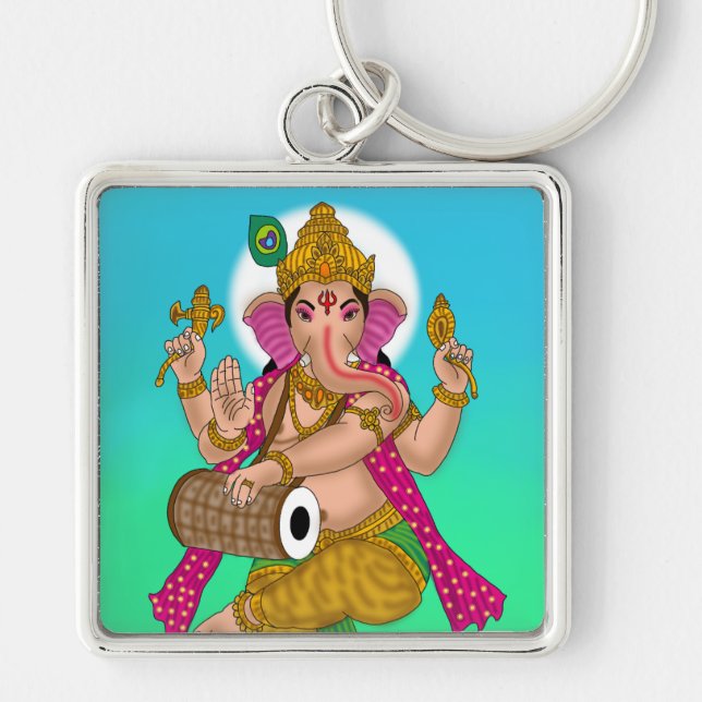 Dansande Ganesha-nyckelring Fyrkantig Silverfärgad Nyckelring (Framsidan)