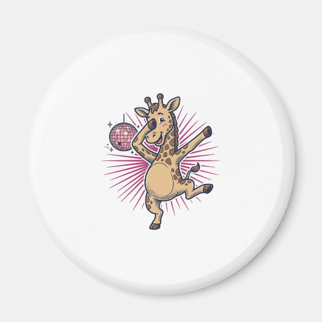 Dansande Giraff Diskotekskula Vintage Gravering Tr Magnet (Framsidan)