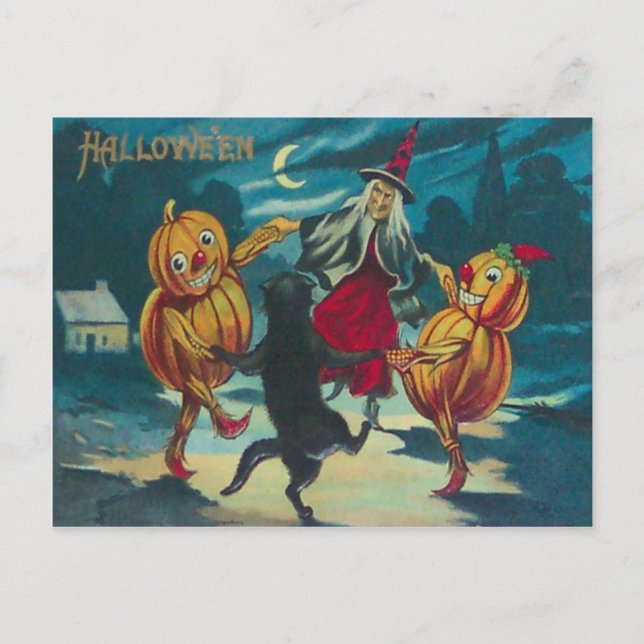 Dansande Häxa Jack O' Lantern Monster Svart Katt Vykort (Framsida)