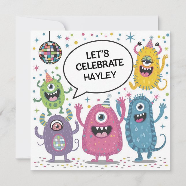Dansande monster fest för barn födelsedagsdesign kort (Framsida)