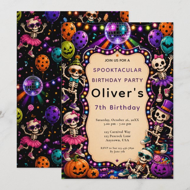 Dansande skelett Halloween födelsedag Inbjudningar (Fram/baksida)