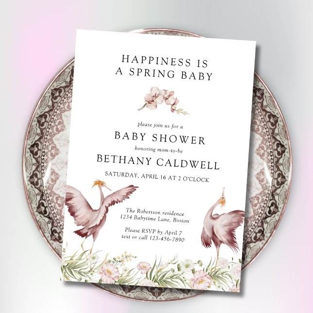 Dansande tranor vår blomster baby shower inbjudningar (Spring Baby Shower Invitation with Dancing Cranes)