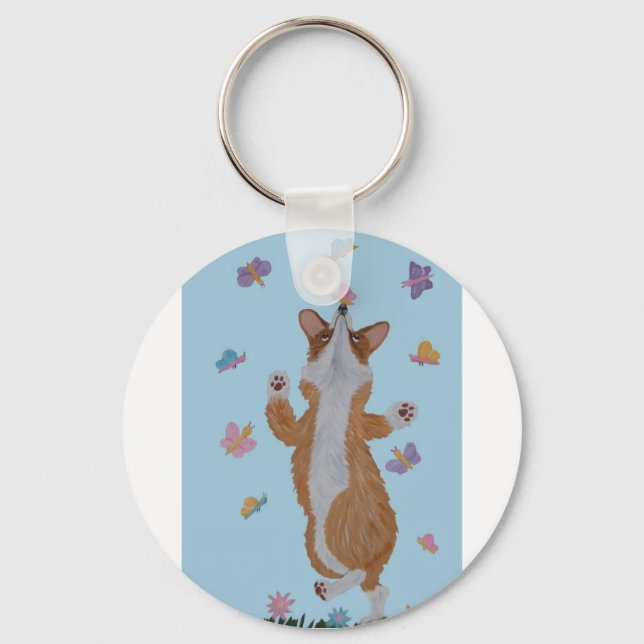 Dansande walesisk corgi med fjärilar nyckelring (Framsida)