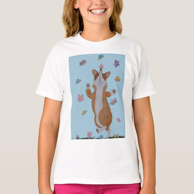 Dansande walesisk corgi med fjärilar t shirt (Framsida)