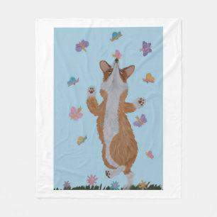 Dansande Welsh Corgi med fjärilar Fleecefilt