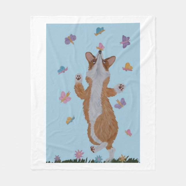 Dansande Welsh Corgi med fjärilar Fleecefilt (Framsidan)